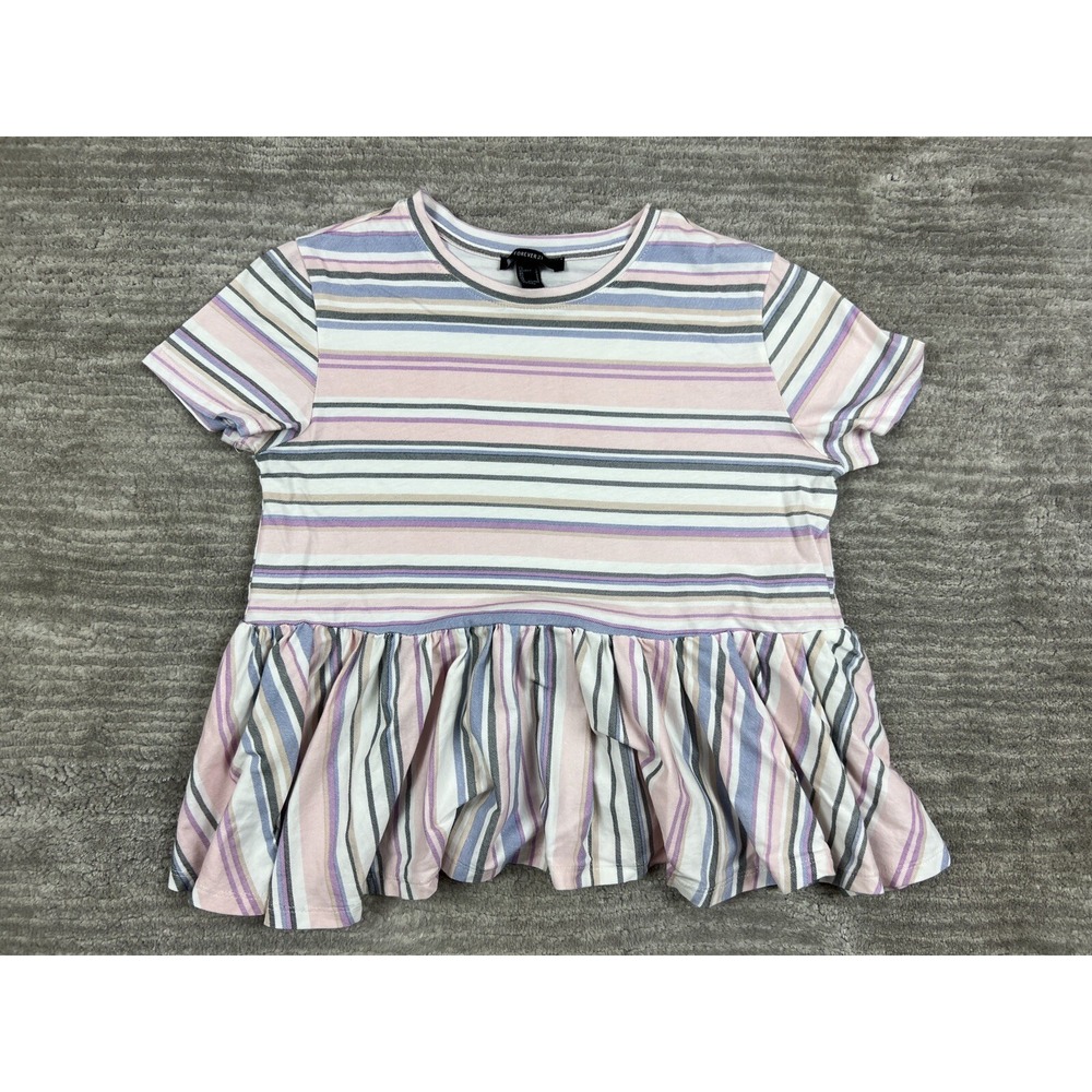 Forever 21 Peplum Top Women Small Pink Purple Striped Short Sleeve Crew Neck Tee